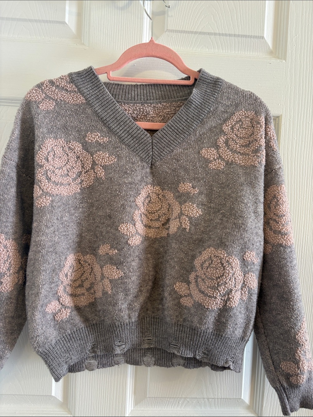 SHEIN Gray V-Neck Sweater with Pink Rose Jacquard